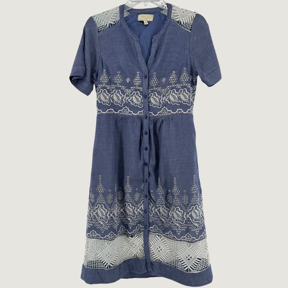 Moulinette Soeurs Dress Womens 8 Blue Embroidered Crochet Lace Button Front Midi